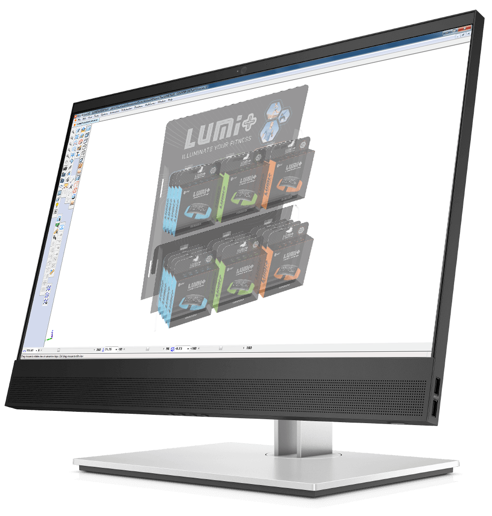 ArtiosCAD running on monitor showing Lumi packaging