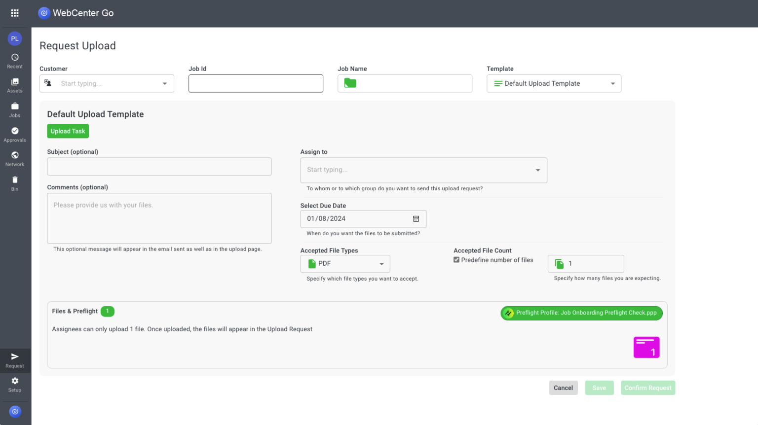 Screenshot of Job Onboarding Request Upload